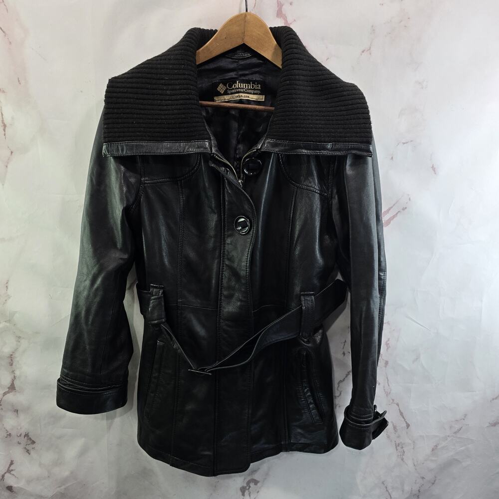 Columbia Jacket Womens Large Black Vintage Y2K Genuine Leather Assymetric RARE